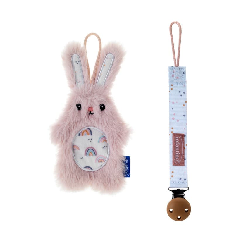 Pacipal Plush & Pacicrib - Bunny Pink -σετ  Δώρου  λούτρινο και κορδελα  πιπίλας με κλιπ Λαγουδάκι .